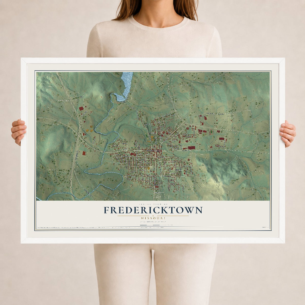 Map of Fredericktown, Missouri, 24 x 36 inch print in a white wood frame