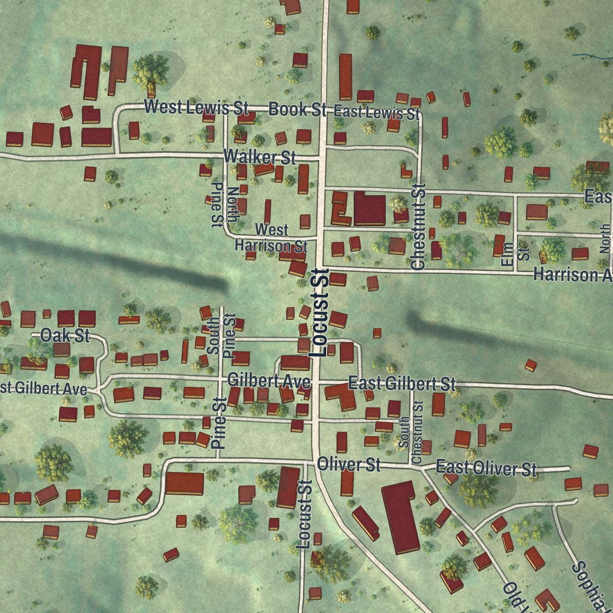 Close-up of the map of Freeburg, Missouri print showing street and building detail