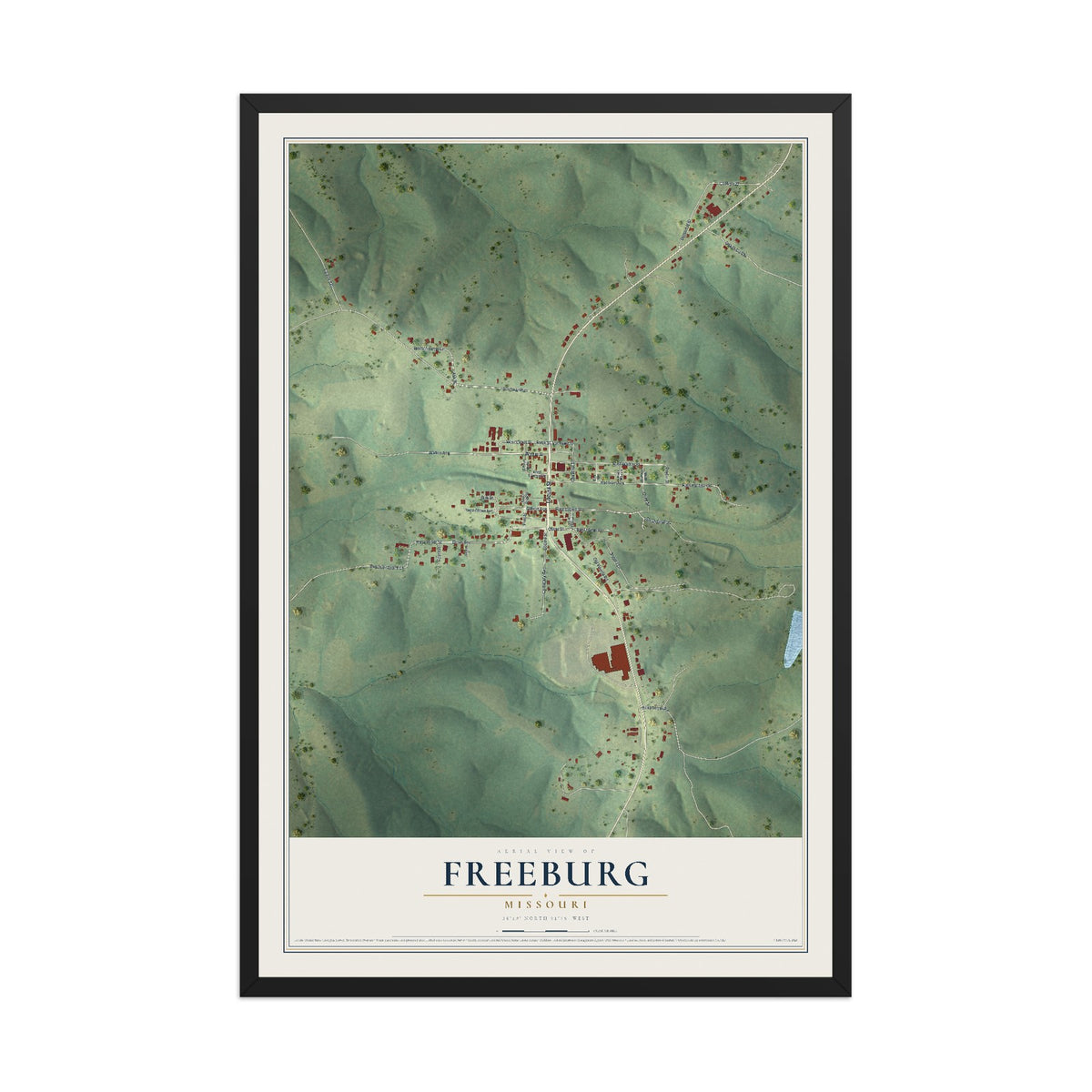 Map of Freeburg, Missouri, 12 x 18 inch print in a black wood frame