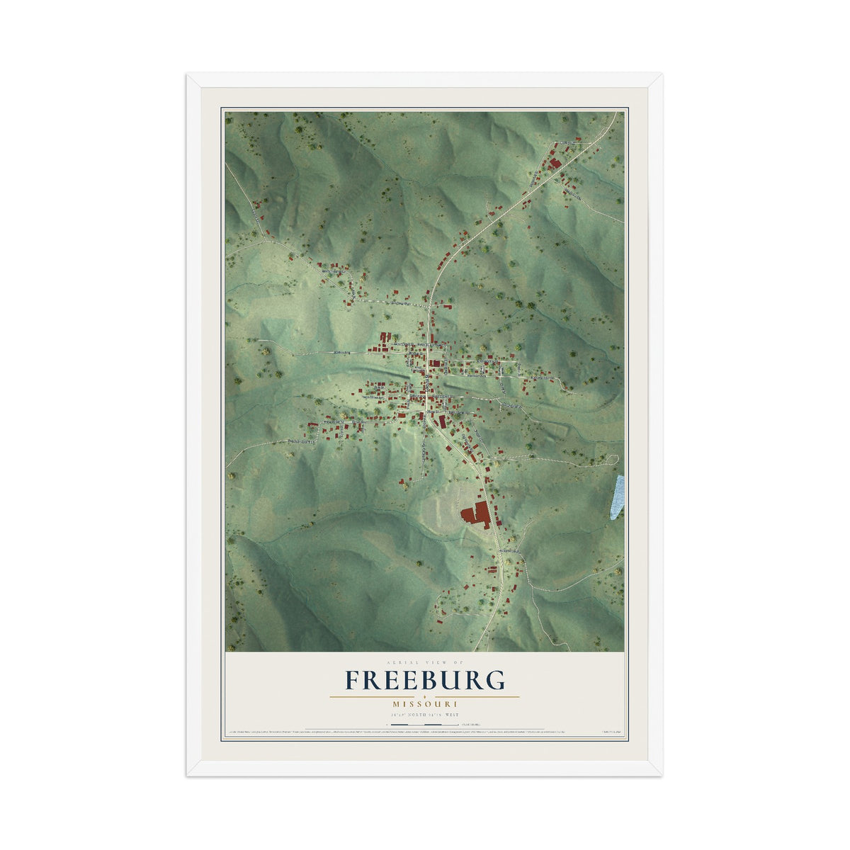 Map of Freeburg, Missouri, 12 x 18 inch print in a white wood frame