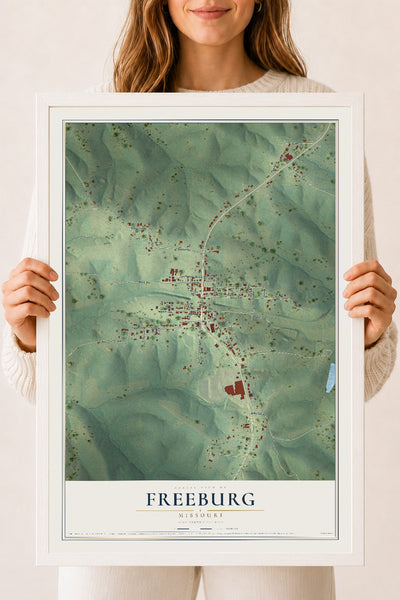 Map of Freeburg, Missouri, 18 x 24 inch print in a white wood frame