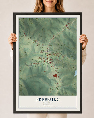 Map of Freeburg, Missouri, 24 x 36 inch print in a black wood frame