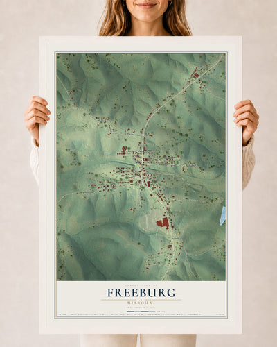 Map of Freeburg, Missouri, 24 x 36 inch print in a white wood frame