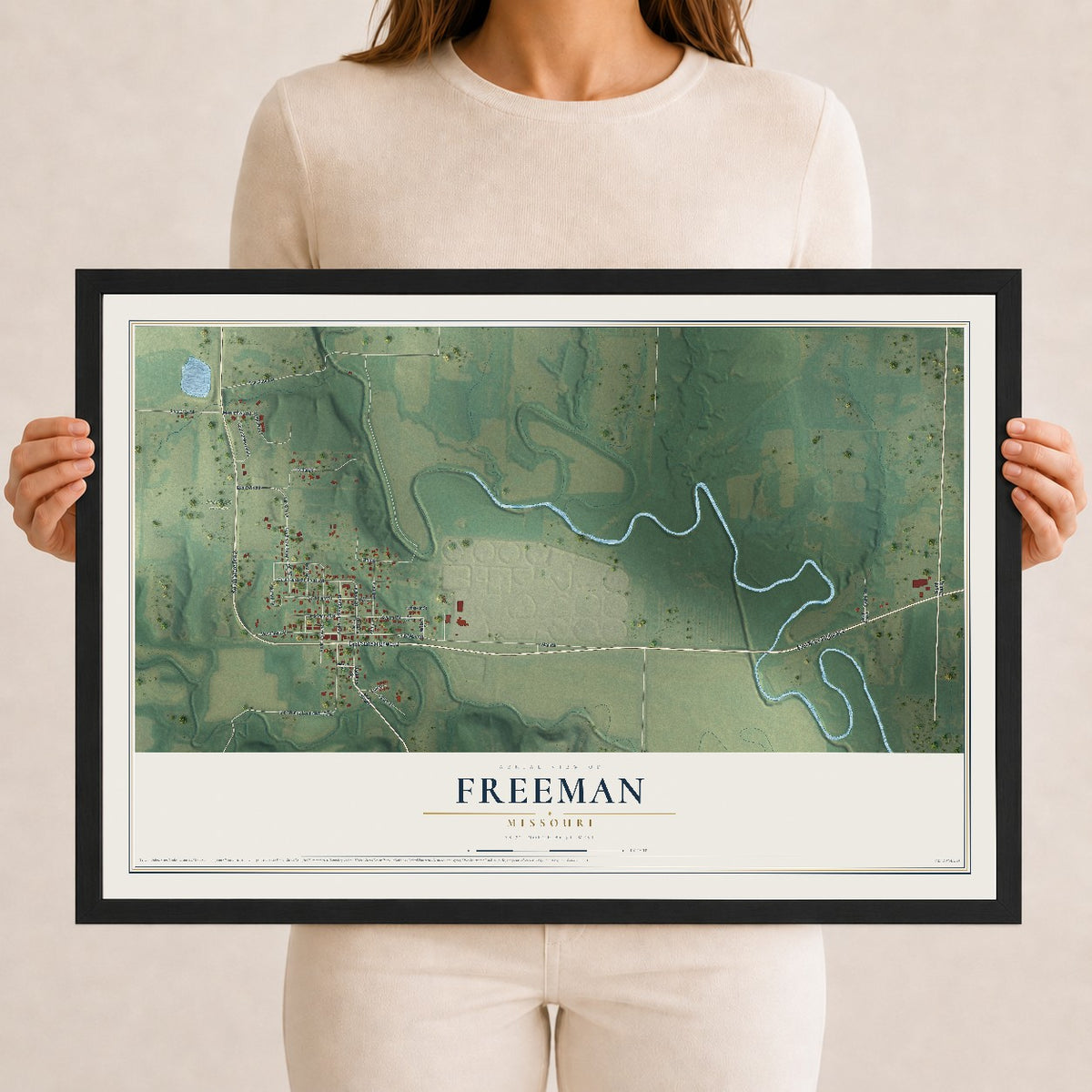 Map of Freeman, Missouri, 12 x 18 inch print in a black wood frame