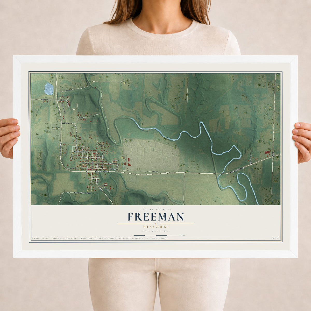 Map of Freeman, Missouri, 18 x 24 inch print in a white wood frame