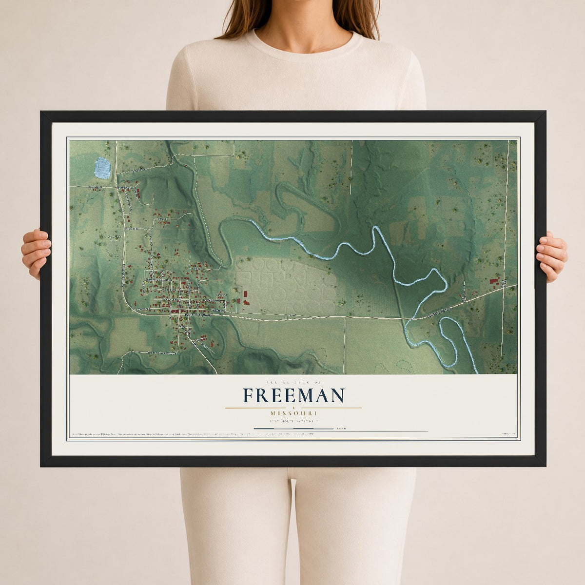 Map of Freeman, Missouri, 24 x 36 inch print in a black wood frame