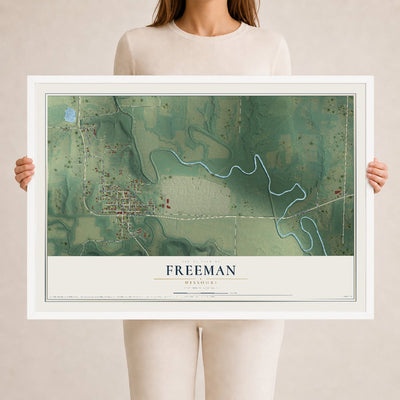 Map of Freeman, Missouri, 24 x 36 inch print in a white wood frame