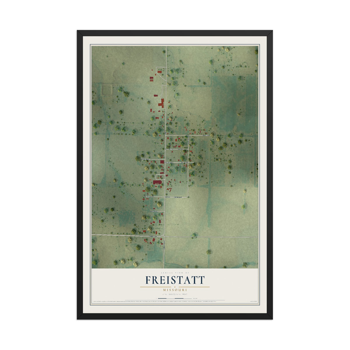 Map of Freistatt, Missouri, 12 x 18 inch print in a black wood frame