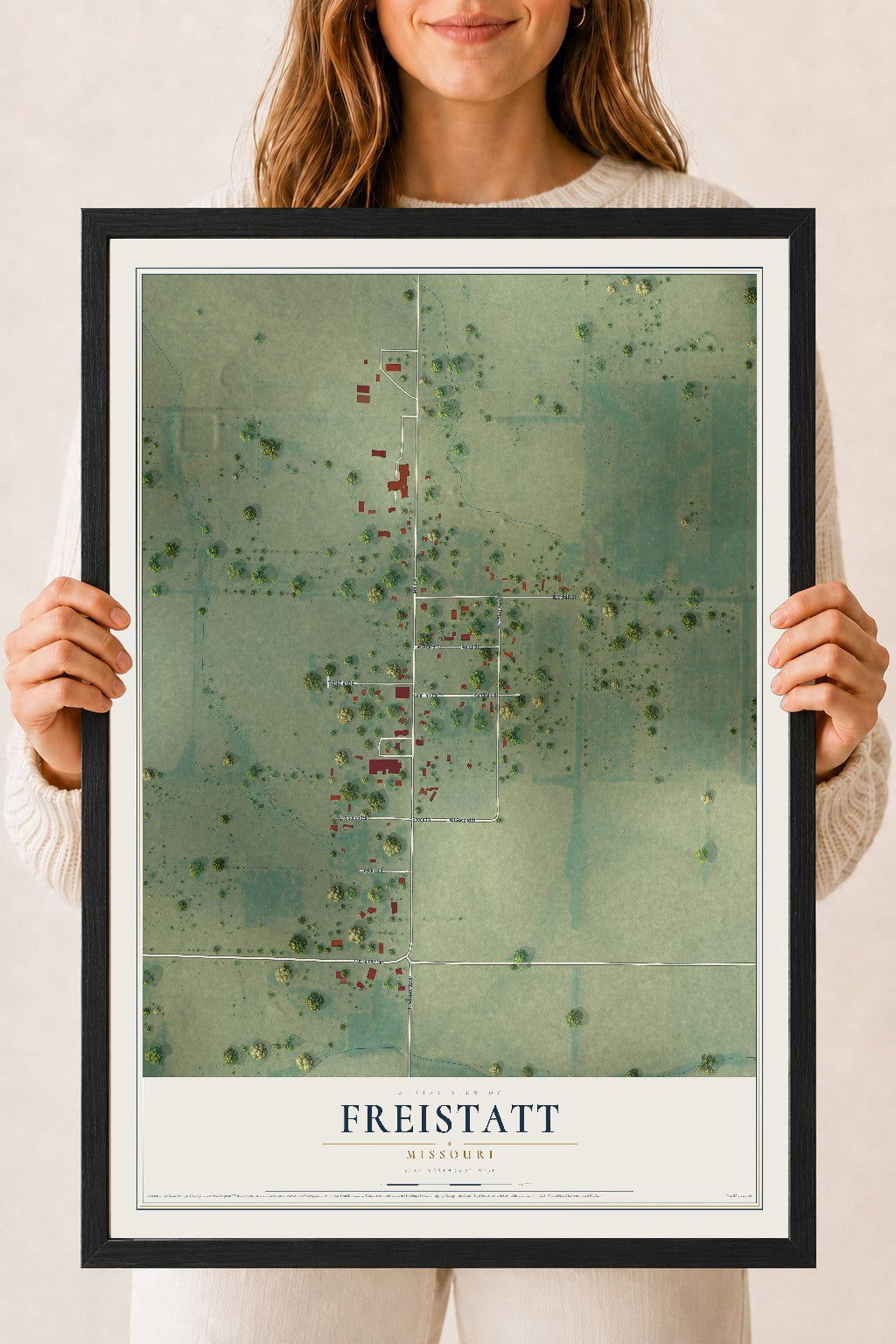 Map of Freistatt, Missouri, 18 x 24 inch print in a black wood frame