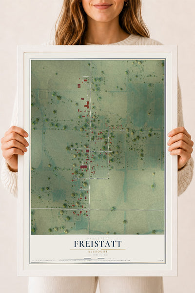 Map of Freistatt, Missouri, 18 x 24 inch print in a white wood frame