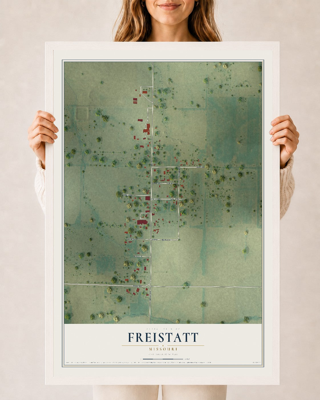 Map of Freistatt, Missouri, 24 x 36 inch print in a white wood frame
