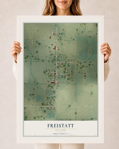Map of Freistatt, Missouri, 24 x 36 inch print in a white wood frame