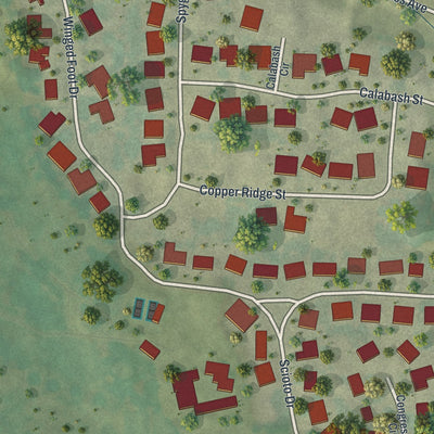 Close-up of the map of Fremont Hills, Missouri print showing street and building detail