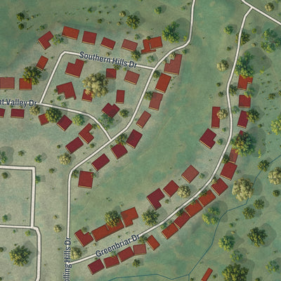 Second close-up of the map of Fremont Hills, Missouri print showing more streets and buildings