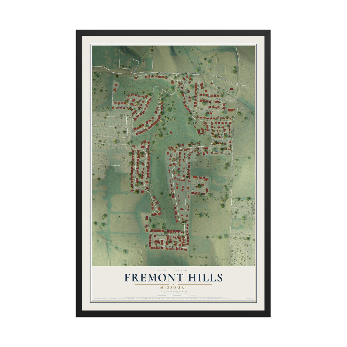 Map of Fremont Hills, Missouri, 12 x 18 inch print in a black wood frame