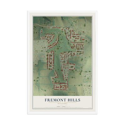Map of Fremont Hills, Missouri, 12 x 18 inch print in a white wood frame