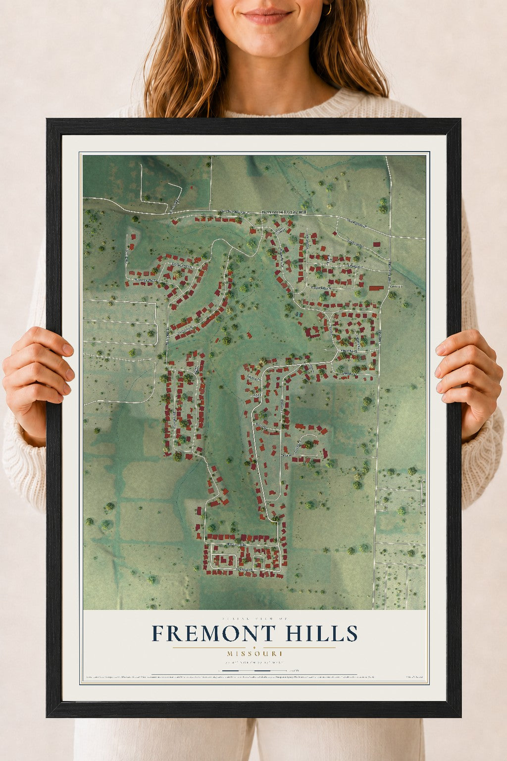 Map of Fremont Hills, Missouri, 18 x 24 inch print in a black wood frame