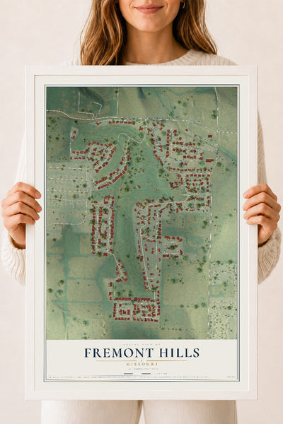 Map of Fremont Hills, Missouri, 18 x 24 inch print in a white wood frame