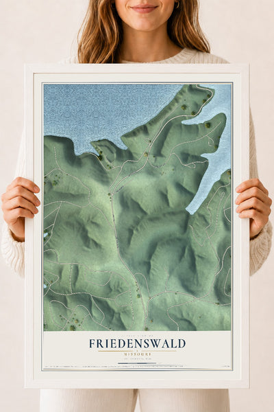 Map of Friedenswald, Missouri, 18 x 24 inch print in a white wood frame