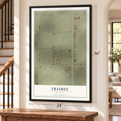 Frisbee, Missouri map, 24 x 36 inch print in a black frame by a staircase