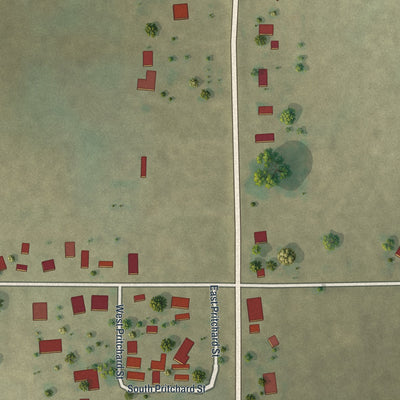 Close-up of the map of Frisbee, Missouri print showing street and building detail