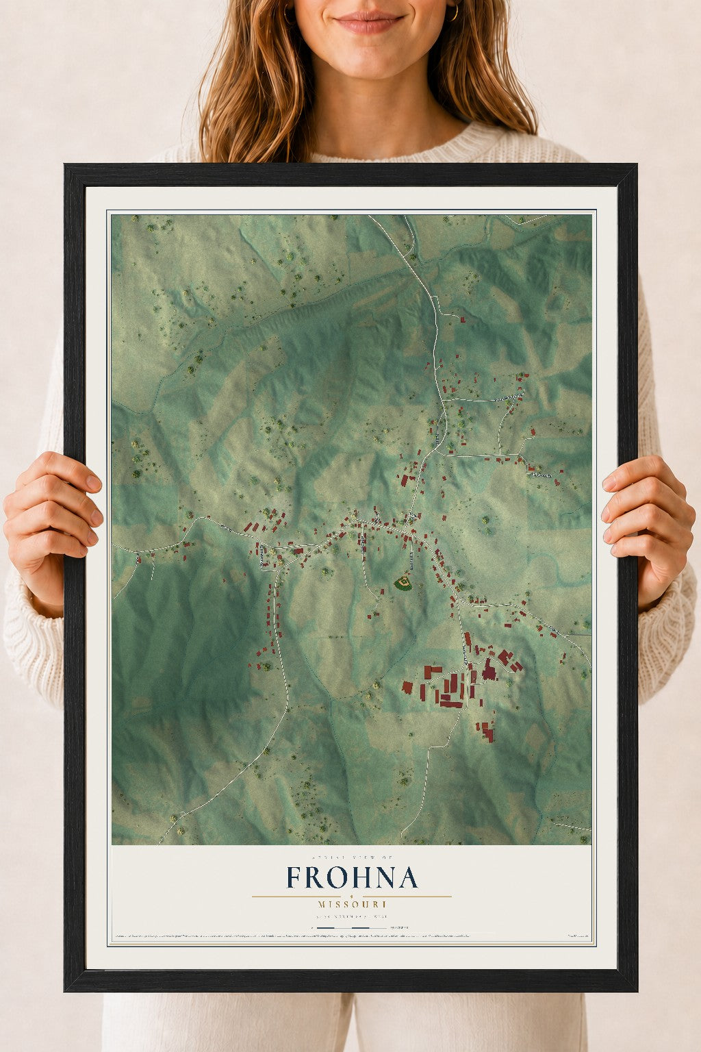 Map of Frohna, Missouri, 18 x 24 inch print in a black wood frame