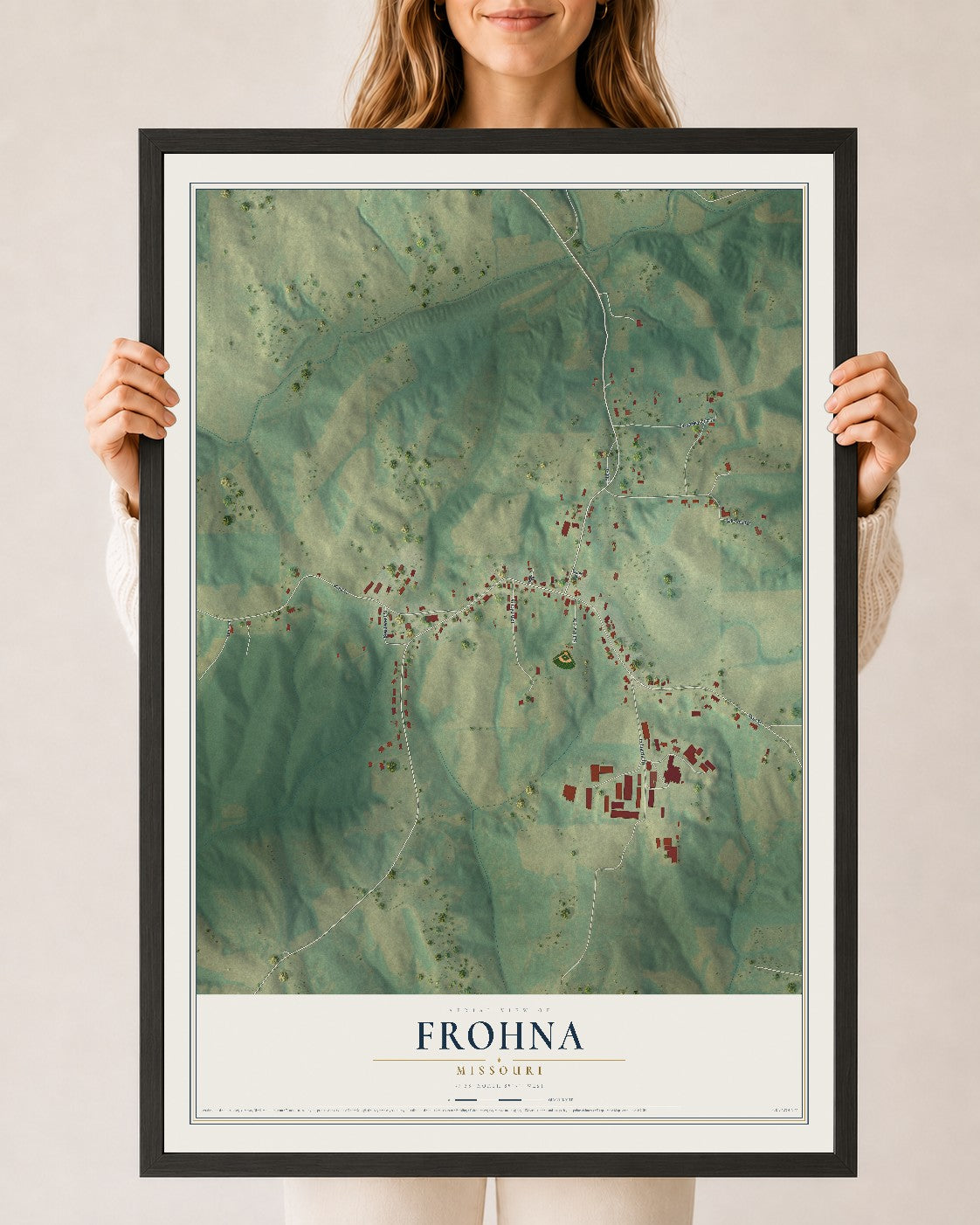 Map of Frohna, Missouri, 24 x 36 inch print in a black wood frame