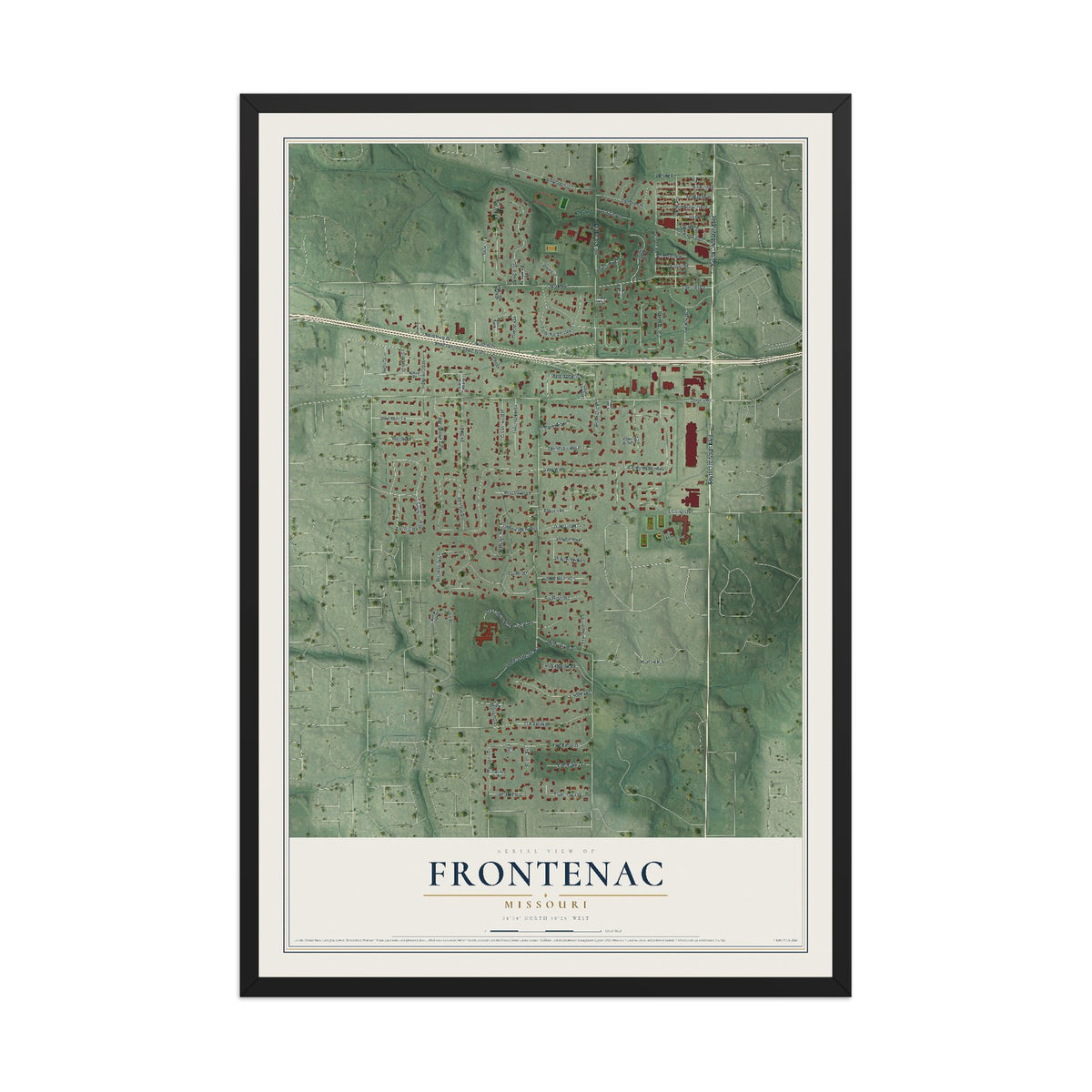 Map of Frontenac, Missouri, 12 x 18 inch print in a black wood frame