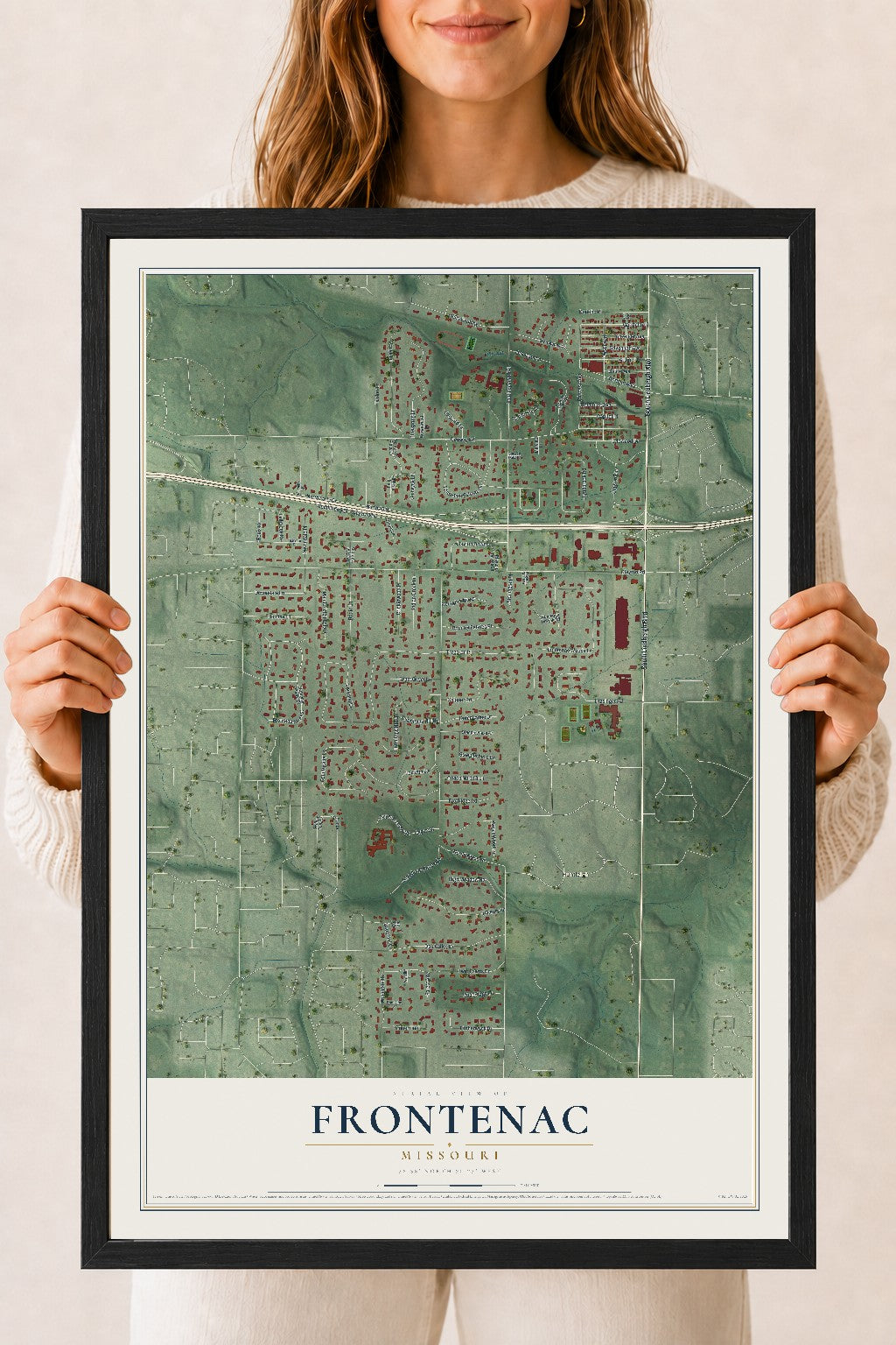Map of Frontenac, Missouri, 18 x 24 inch print in a black wood frame