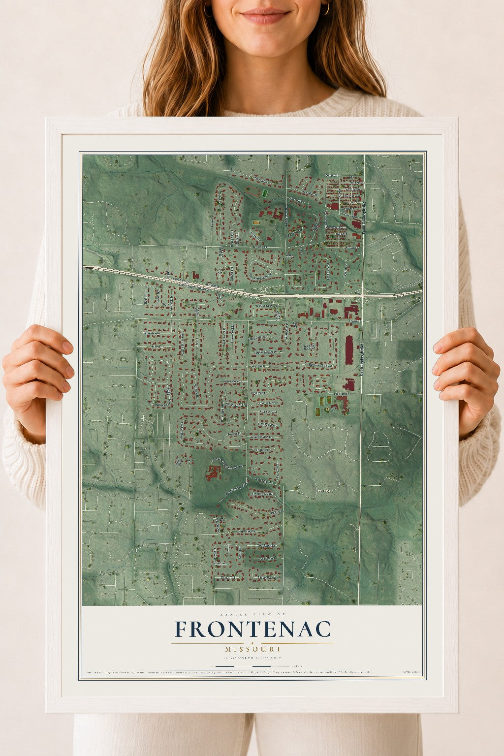 Map of Frontenac, Missouri, 18 x 24 inch print in a white wood frame
