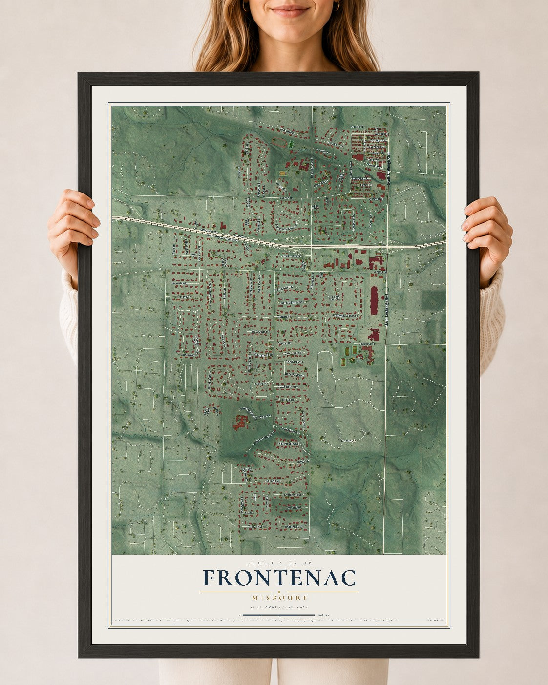 Map of Frontenac, Missouri, 24 x 36 inch print in a black wood frame