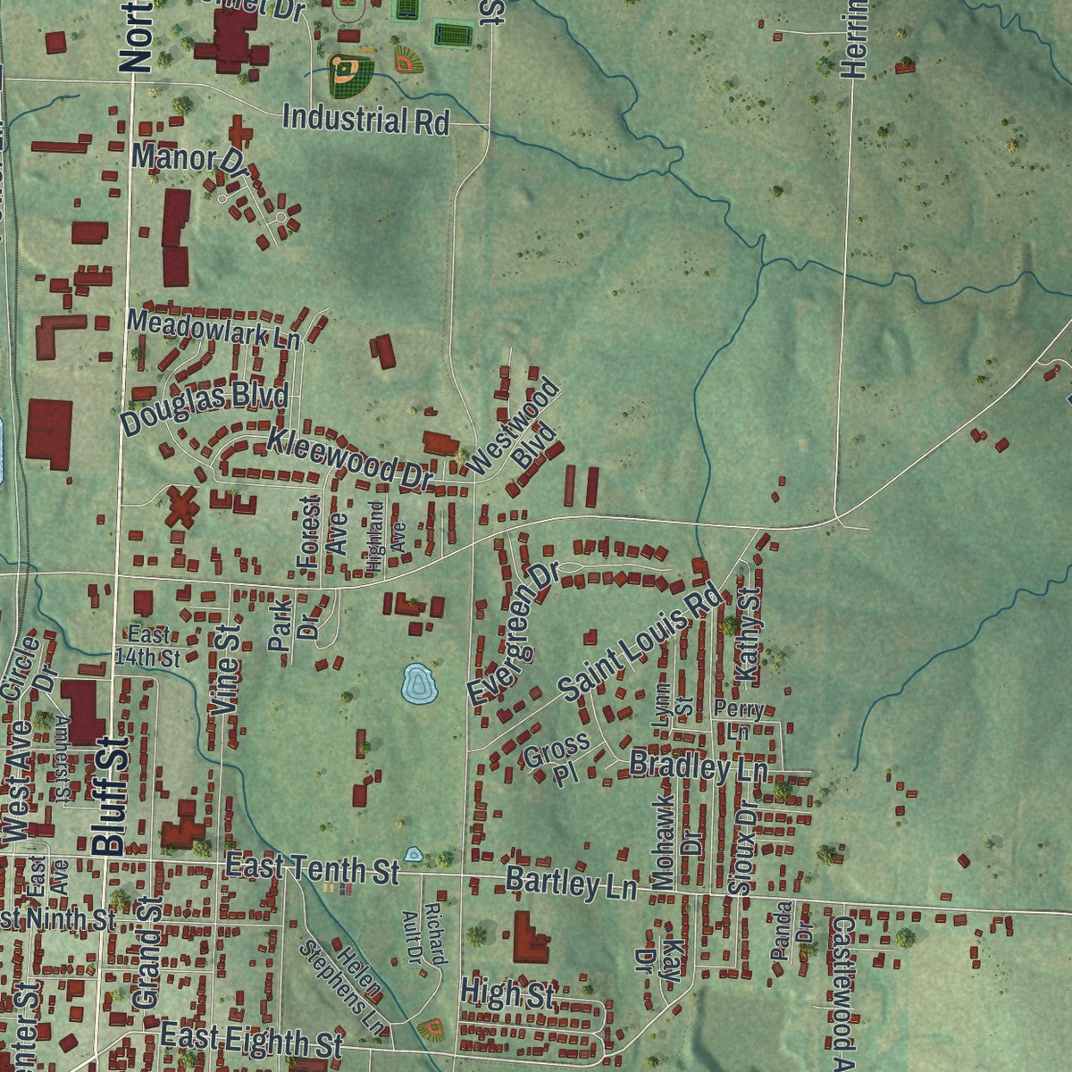 Second close-up of the map of Fulton, Missouri print showing more streets and buildings