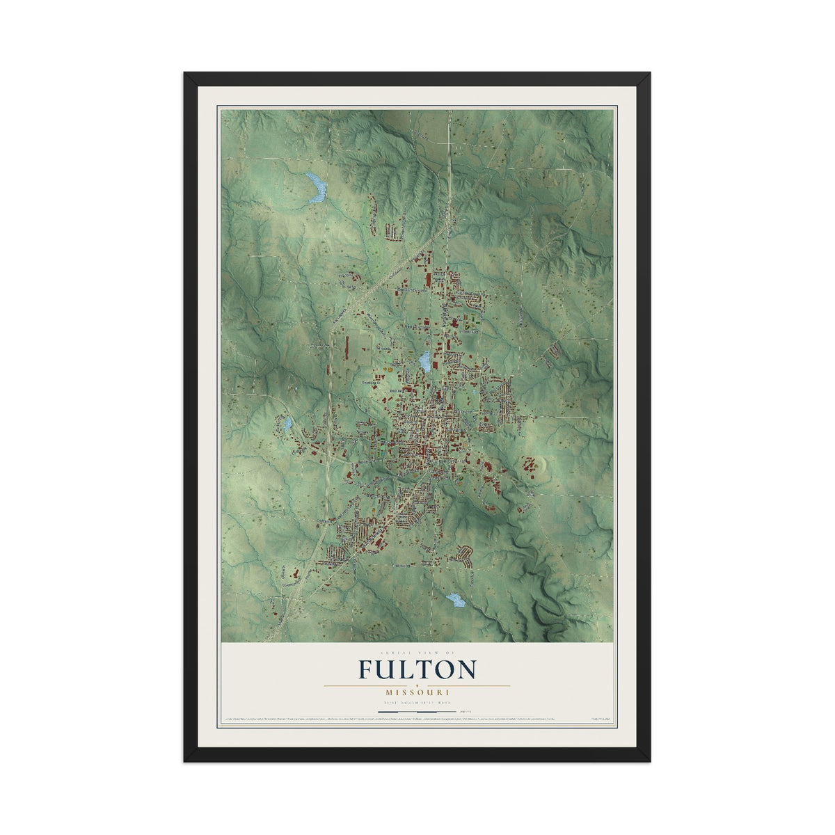 Map of Fulton, Missouri, 12 x 18 inch print in a black wood frame