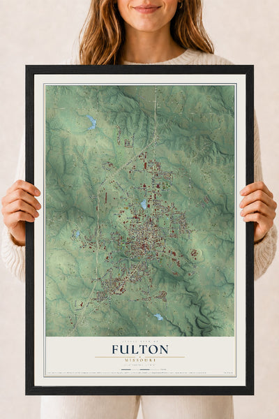 Map of Fulton, Missouri, 18 x 24 inch print in a black wood frame
