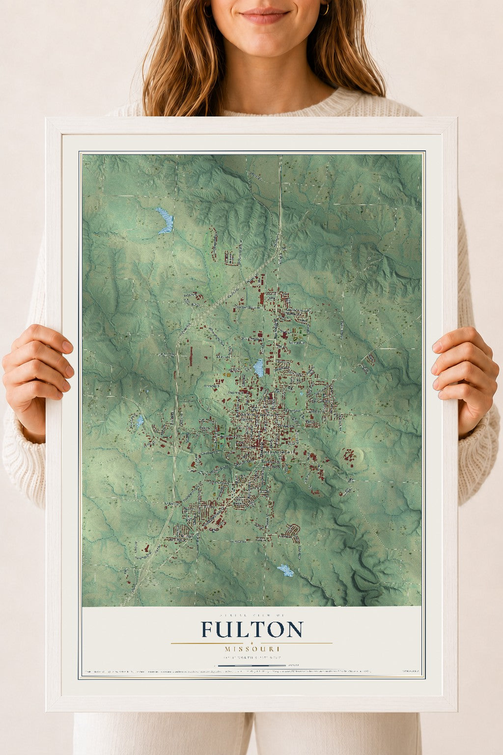 Map of Fulton, Missouri, 18 x 24 inch print in a white wood frame