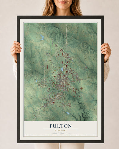 Map of Fulton, Missouri, 24 x 36 inch print in a black wood frame