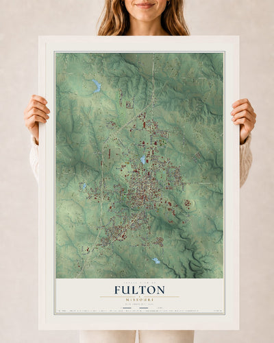 Map of Fulton, Missouri, 24 x 36 inch print in a white wood frame