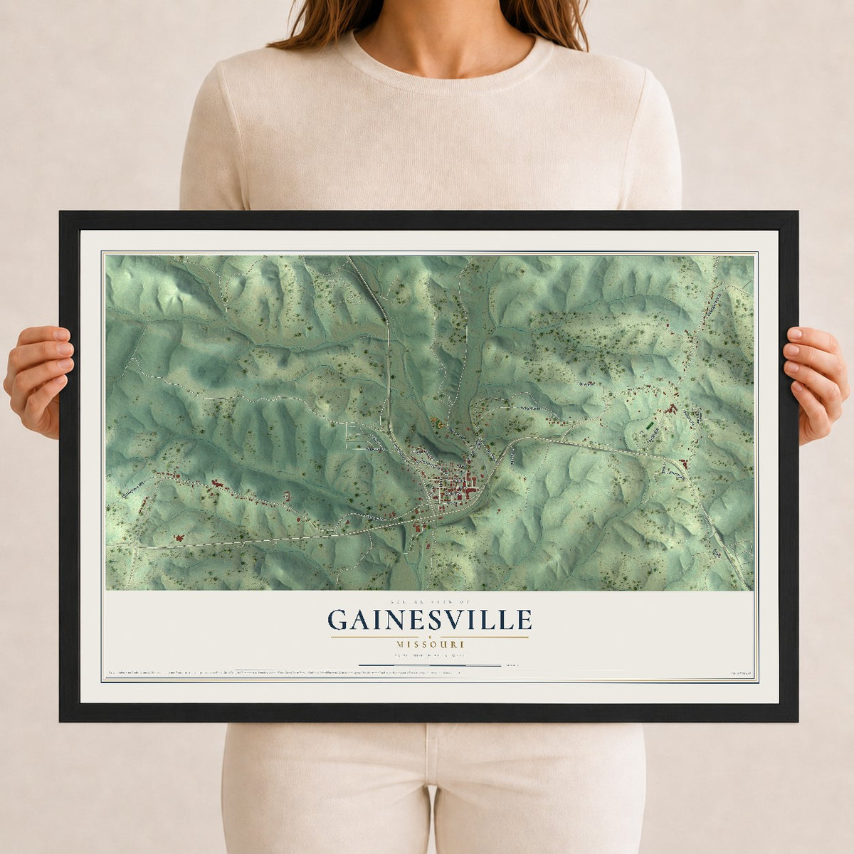 Map of Gainesville, Missouri, 12 x 18 inch print in a black wood frame