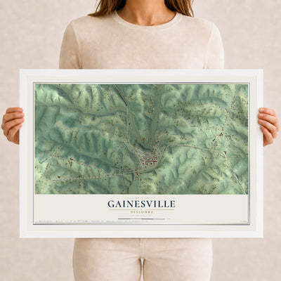 Map of Gainesville, Missouri, 12 x 18 inch print in a white wood frame