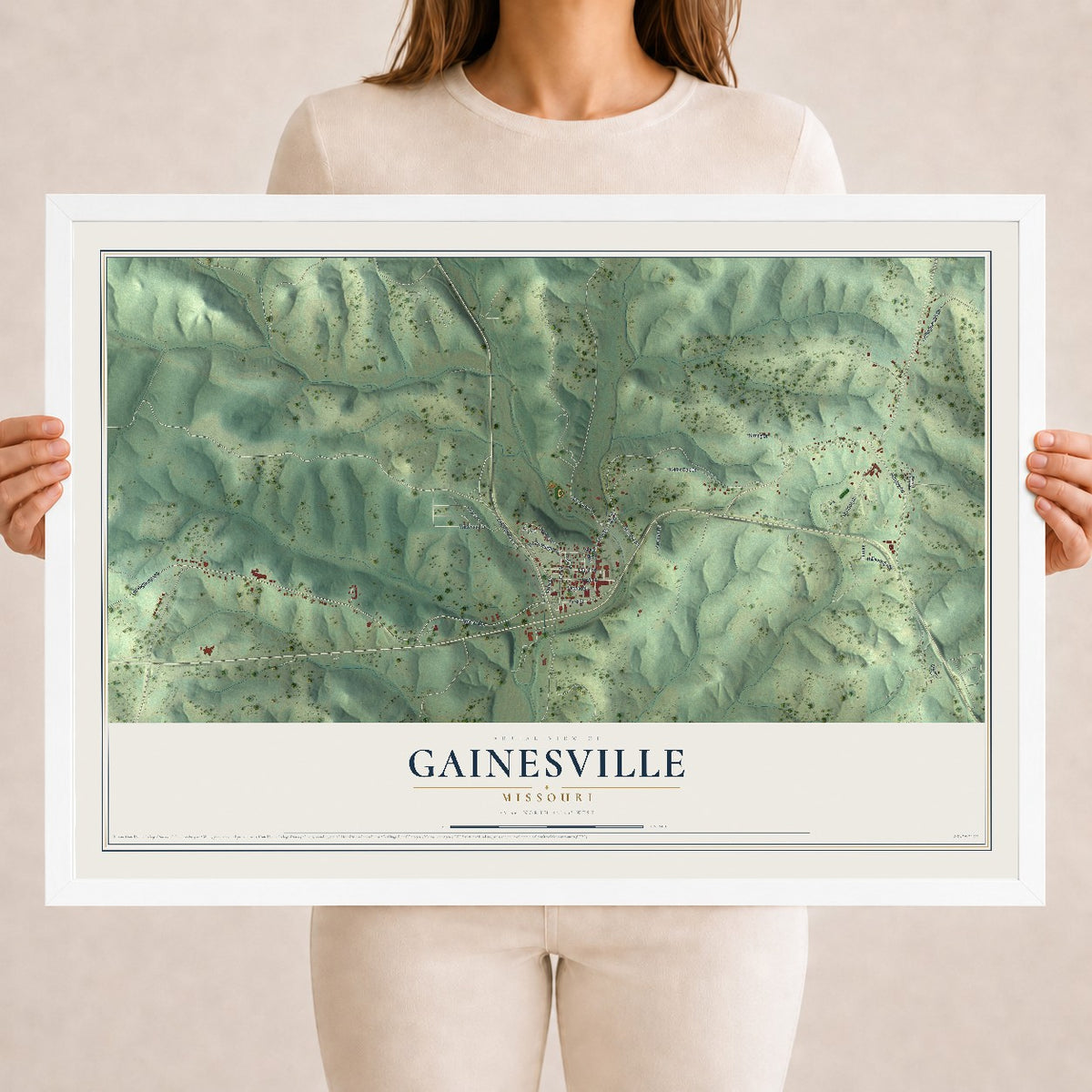 Map of Gainesville, Missouri, 18 x 24 inch print in a white wood frame