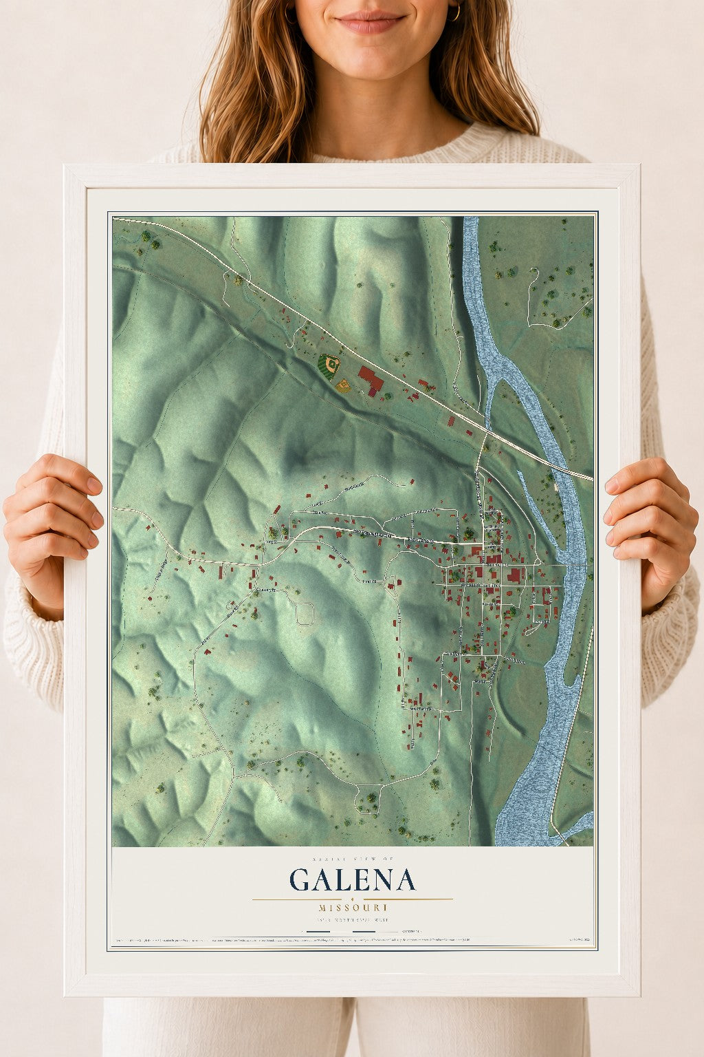 Map of Galena, Missouri, 18 x 24 inch print in a white wood frame