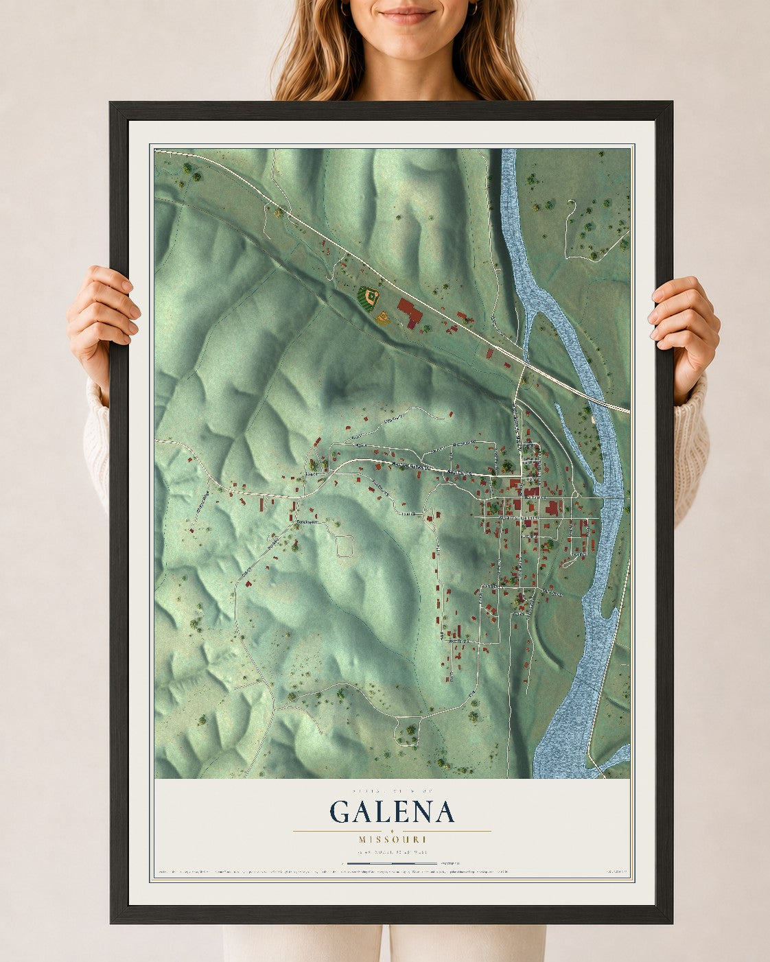 Map of Galena, Missouri, 24 x 36 inch print in a black wood frame