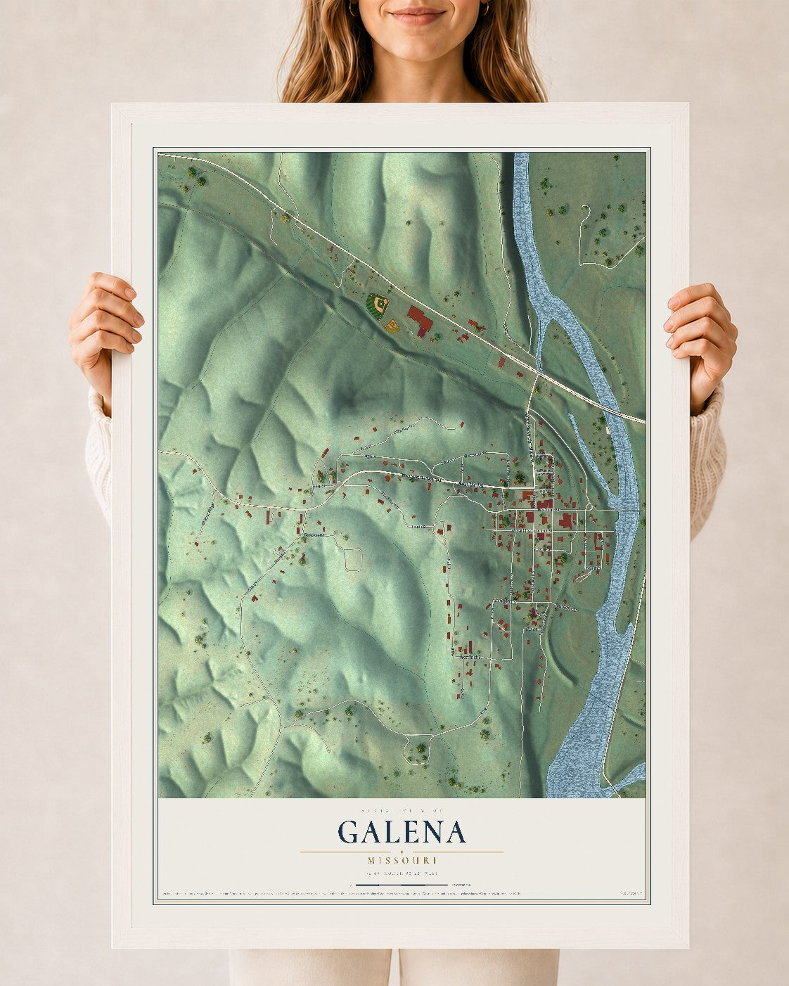 Map of Galena, Missouri, 24 x 36 inch print in a white wood frame