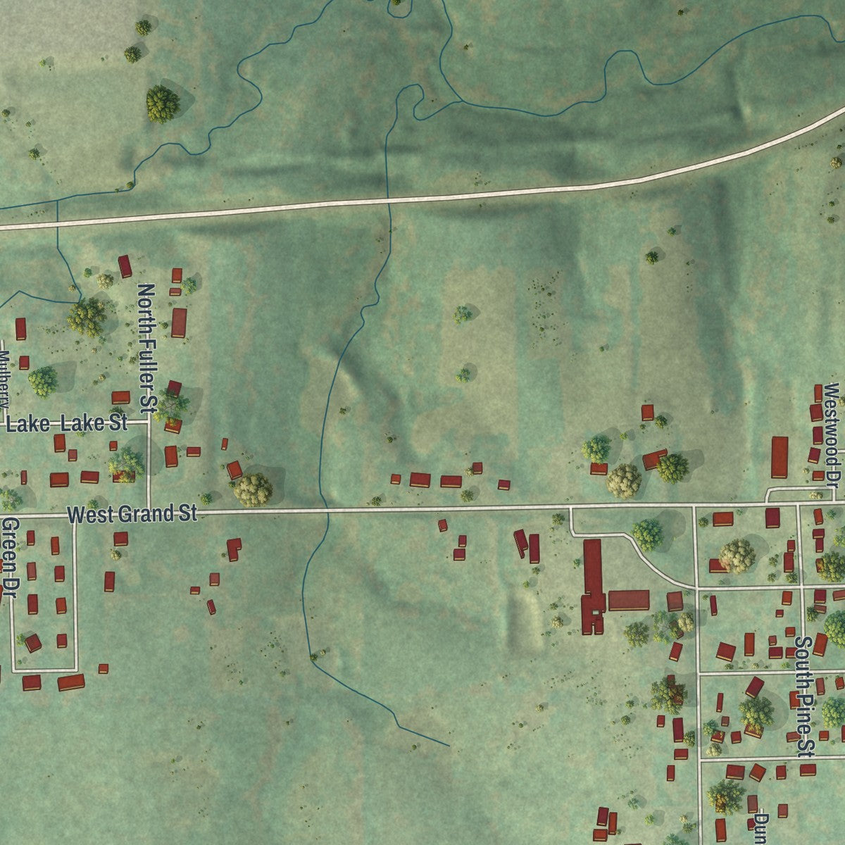 Second close-up of the map of Gallatin, Missouri print showing more streets and buildings