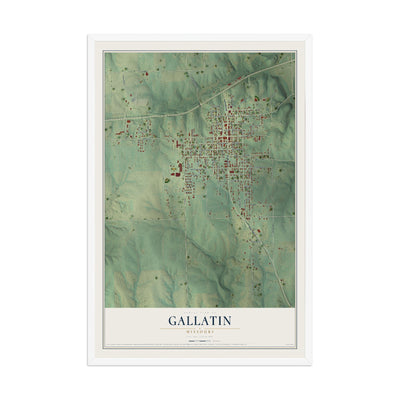 Map of Gallatin, Missouri, 12 x 18 inch print in a white wood frame