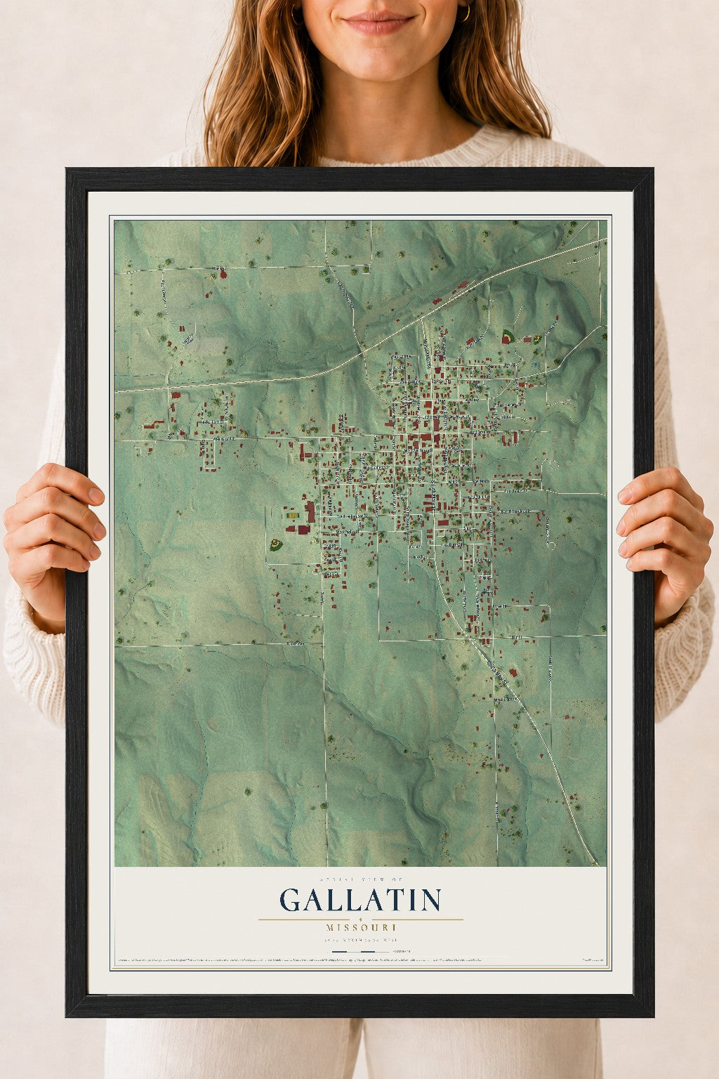 Map of Gallatin, Missouri, 18 x 24 inch print in a black wood frame