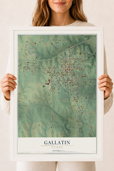 Map of Gallatin, Missouri, 18 x 24 inch print in a white wood frame