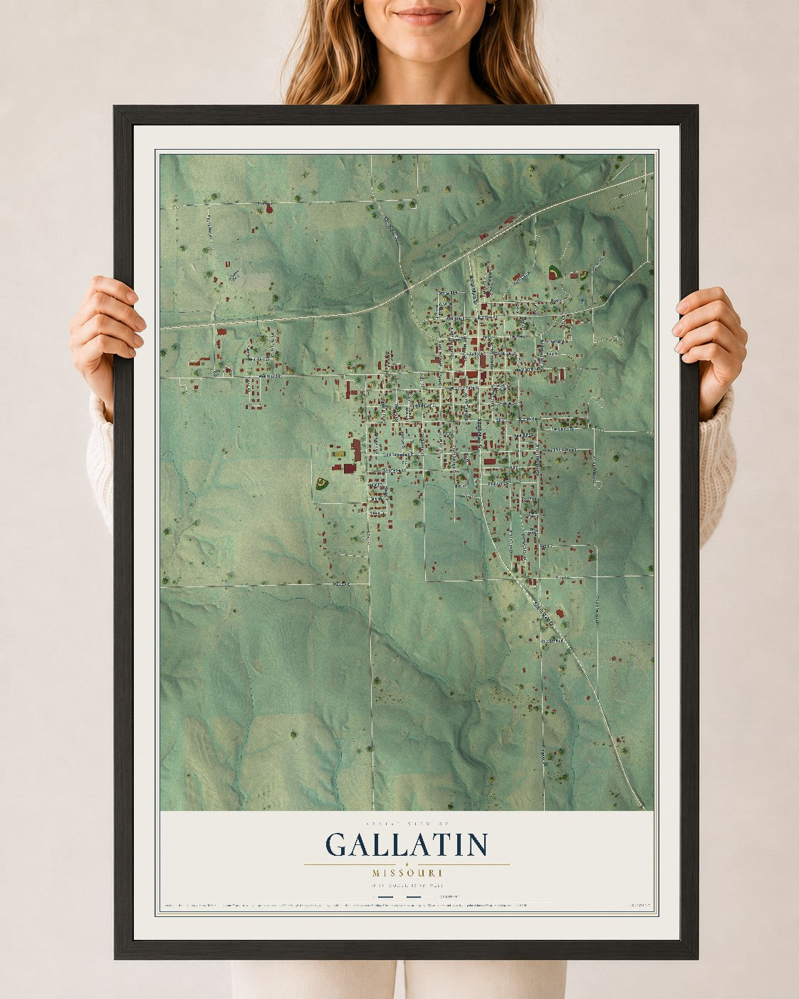 Map of Gallatin, Missouri, 24 x 36 inch print in a black wood frame
