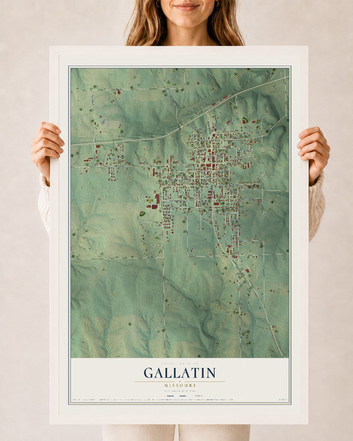 Map of Gallatin, Missouri, 24 x 36 inch print in a white wood frame