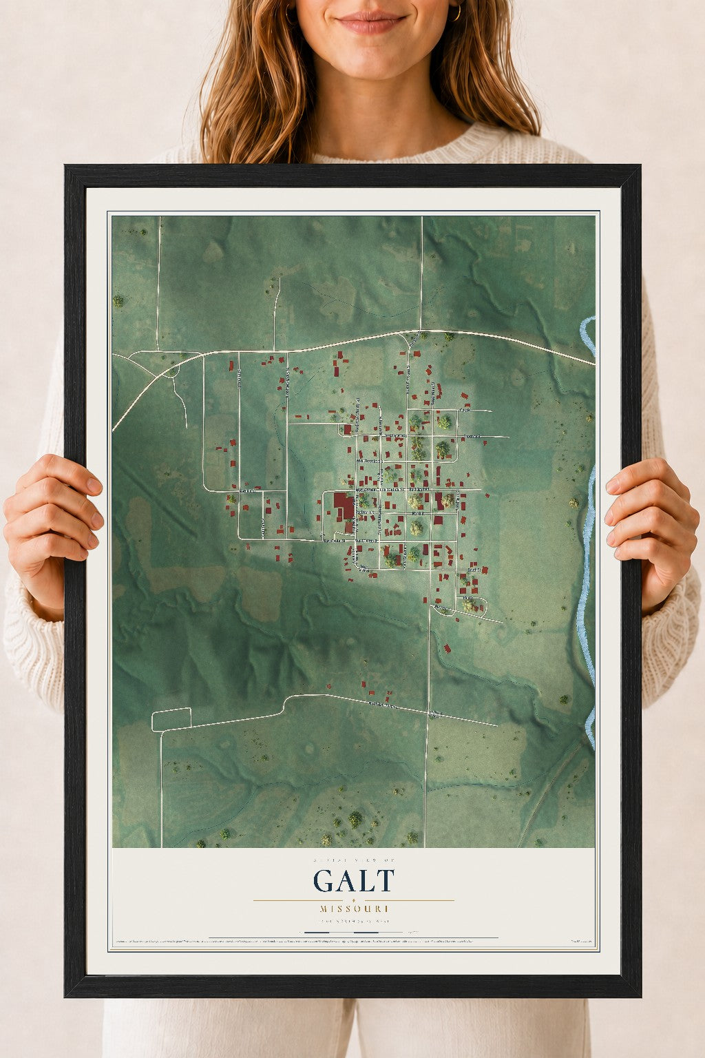 Map of Galt, Missouri, 18 x 24 inch print in a black wood frame